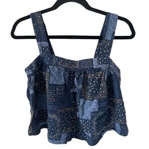 Blue Patchwork Sleeveless Crop Top